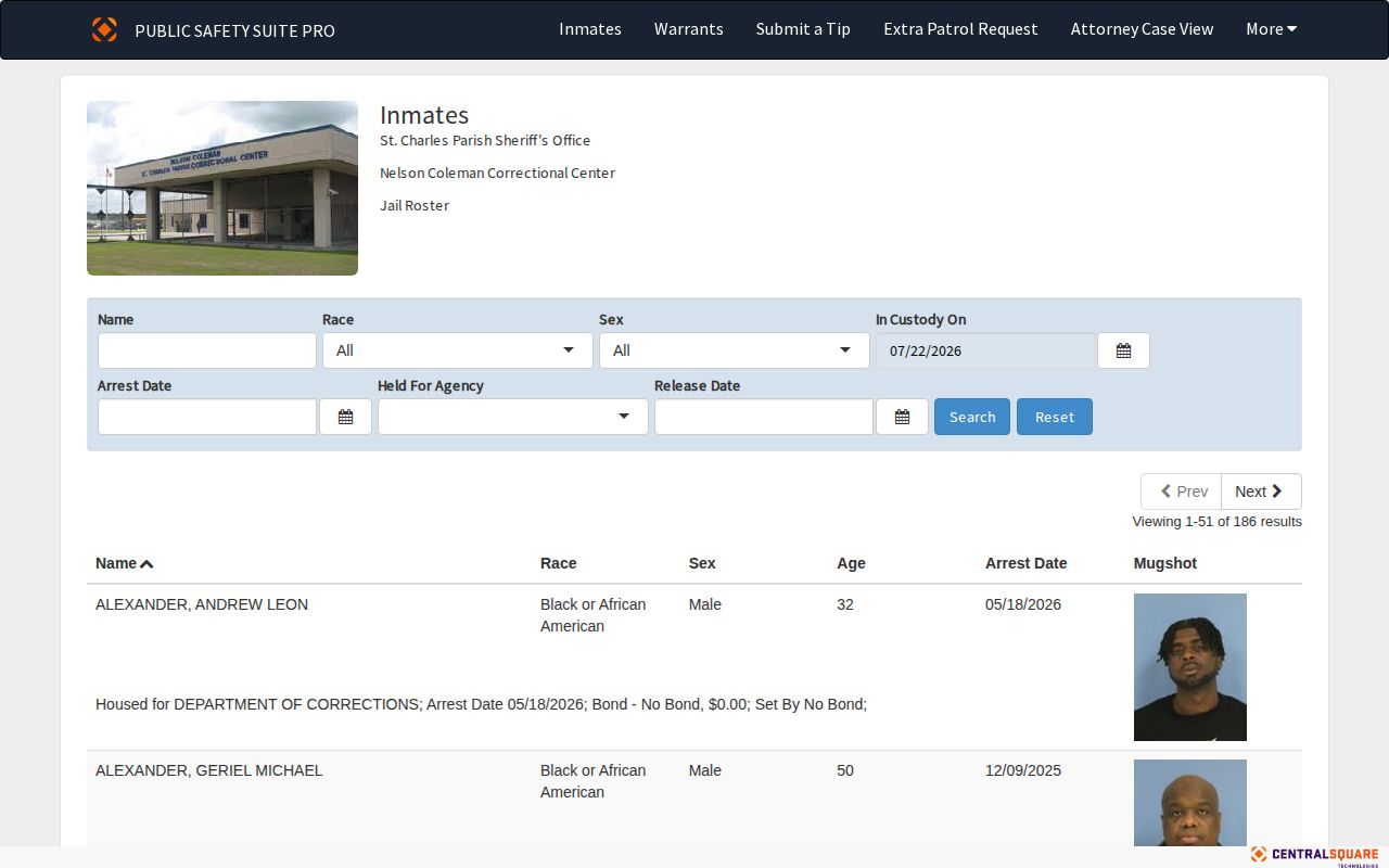 St. Charles Parish current roster used while checking a 24-hour release
