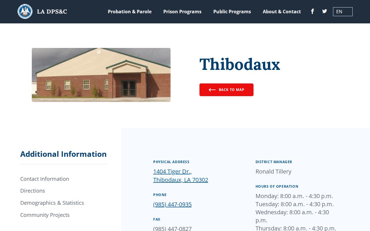 St. Charles Parish parole and probation Thibodaux District contact page